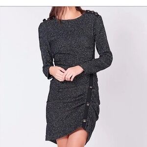 Veronica Beard Metallic Knit Ruched Button Detail Dress Black Silver Size 0